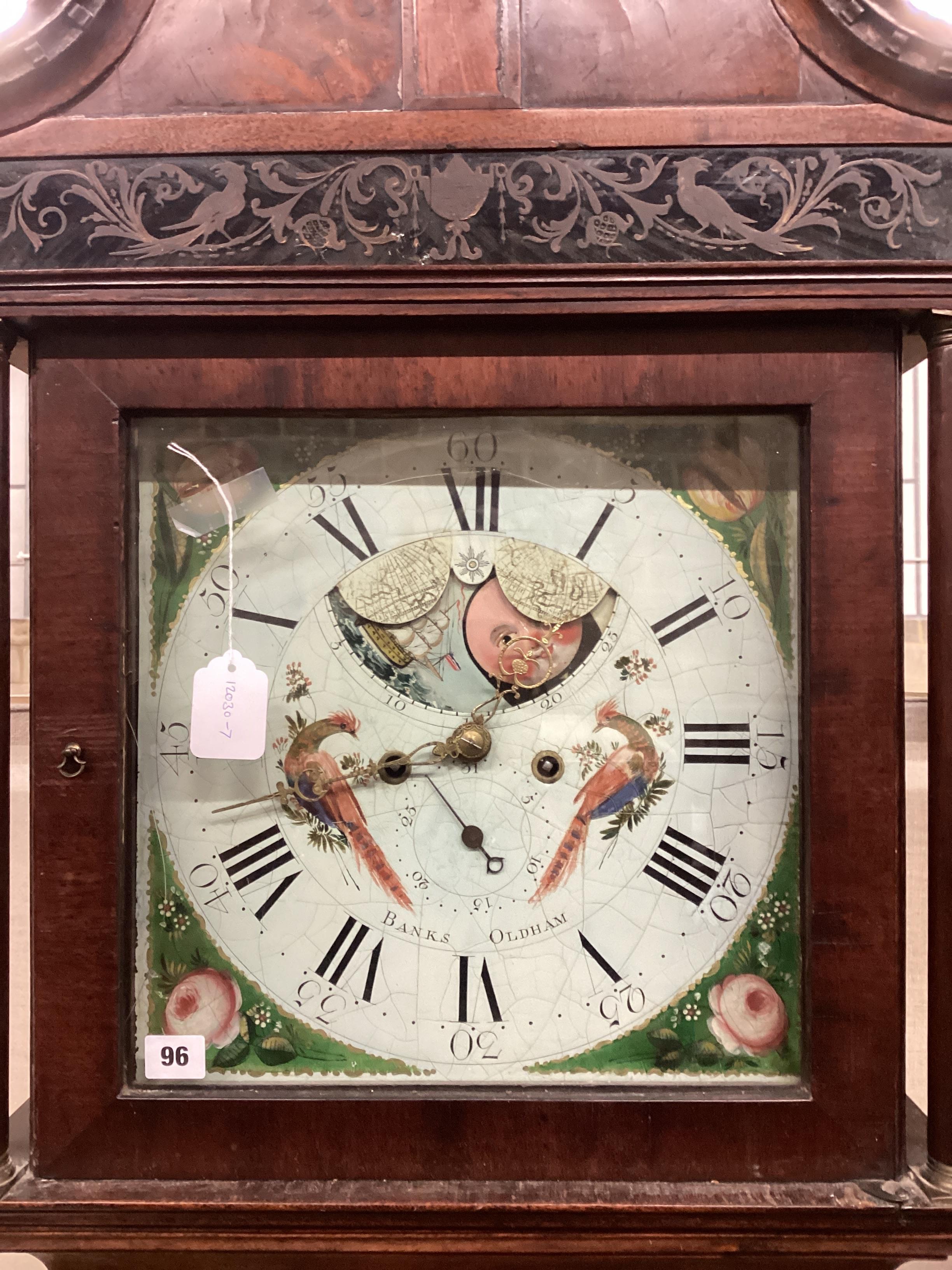 An early 19th century North Country mahogany eight day longcase clock, painted dial marked Banks, Oldham, height 229cm